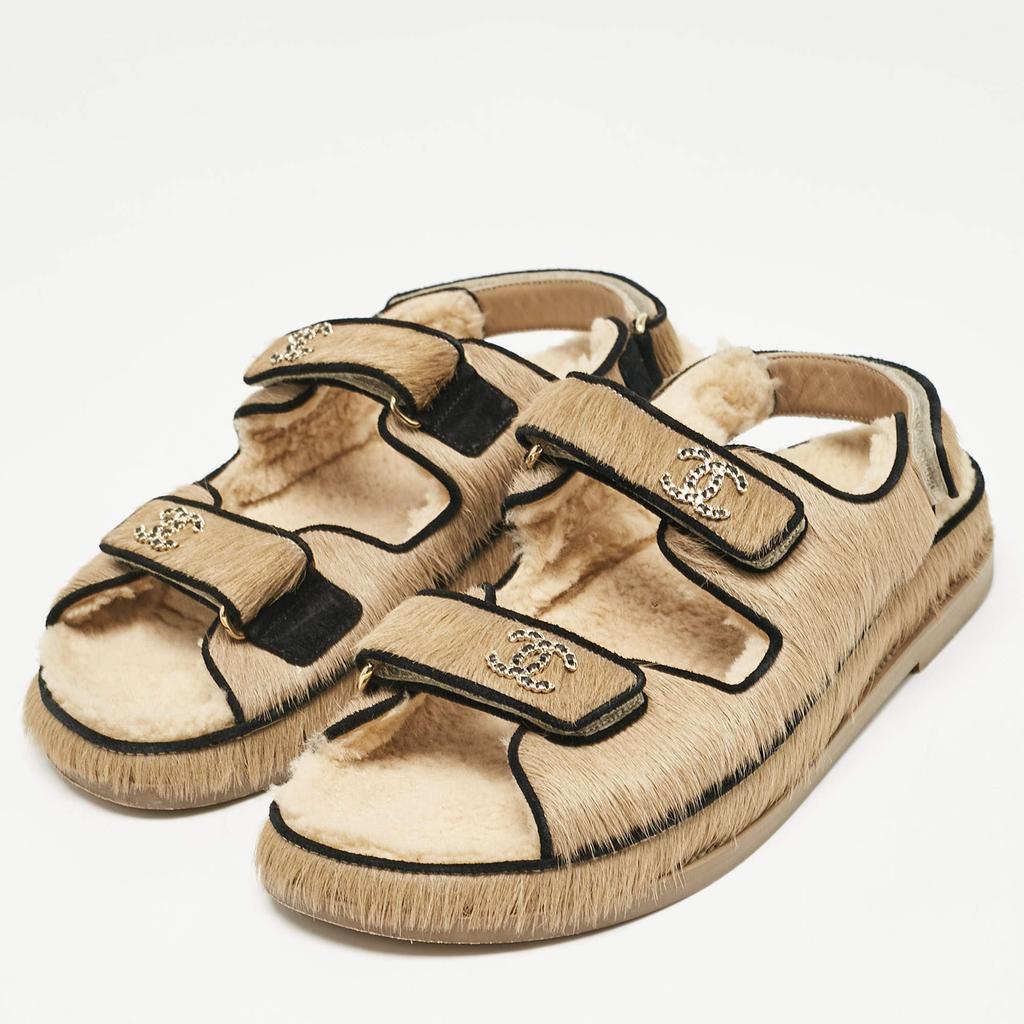 Chanel Chanel Brown Calf Hair and Shearling Fur Dad Slingback Sandals Size 40.5