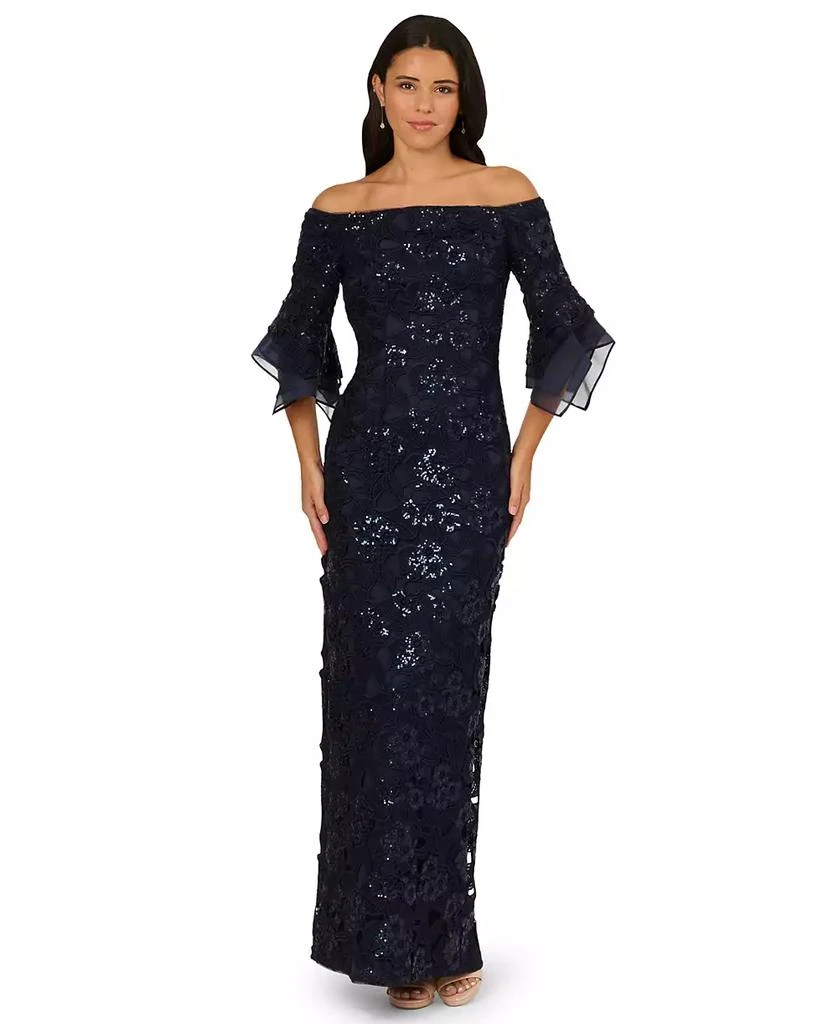 Off Shoulder Bell Sleeve Sequin Lace Gown In Midnight