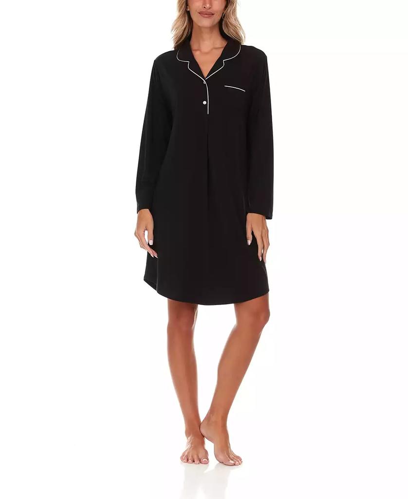 Flora Nikrooz Women's Deborah Long Sleeve Notch Knit Sleepshirt Nightgown