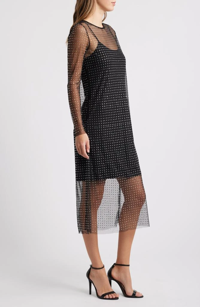 Halogen Crystal Detail Long Sleeve Mesh Overlay Midi Dress 3