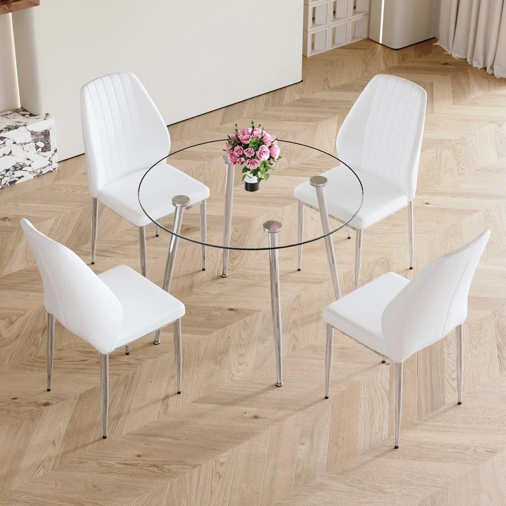 Streamdale Furniture Streamdale Round Glass Dining Table with White Chairs (1+4)