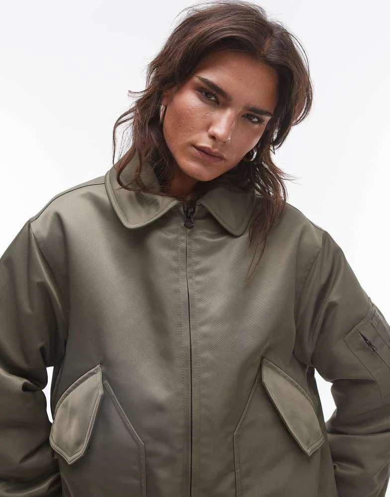 Topshop Topshop twill nylon bomber jacket in khaki 4