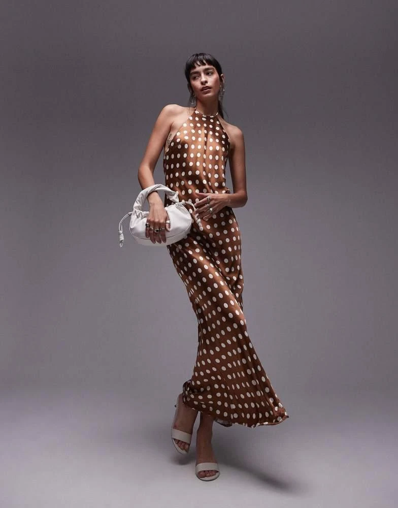 Topshop Topshop polka dot halter neck maxi dress in brown 1