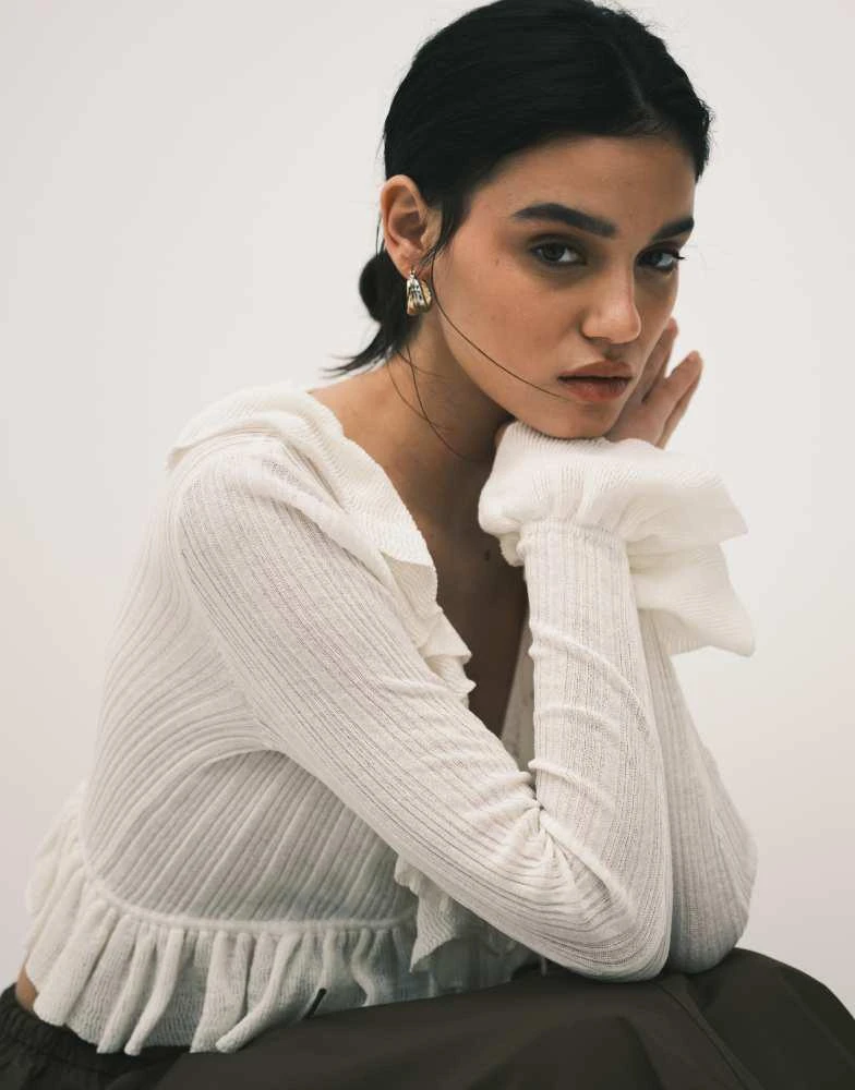 Monki Monki frill knit cardigan in off white 4