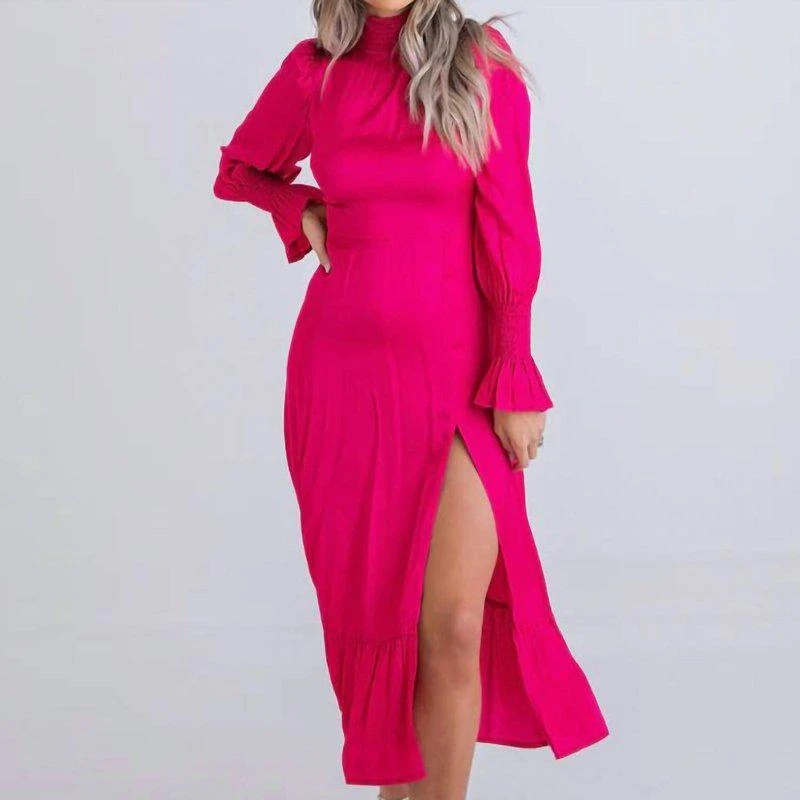 Karlie Smock Neck Midi Dress In Magenta 1