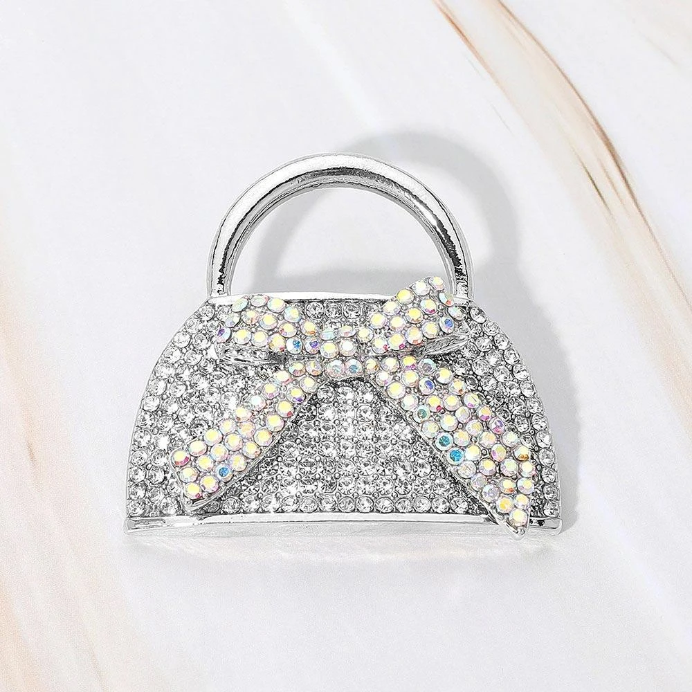 FASHNZFAB Rhinestone Studded Bow Accent Mini Handbag Pin Brooch 5