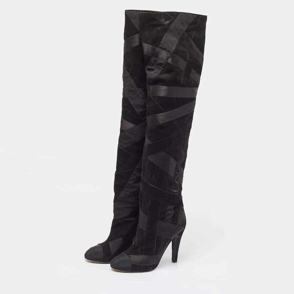 Chanel Chanel Black Suede and Grosgrain CC Cap Toe Knee Length Boots Size 39 2