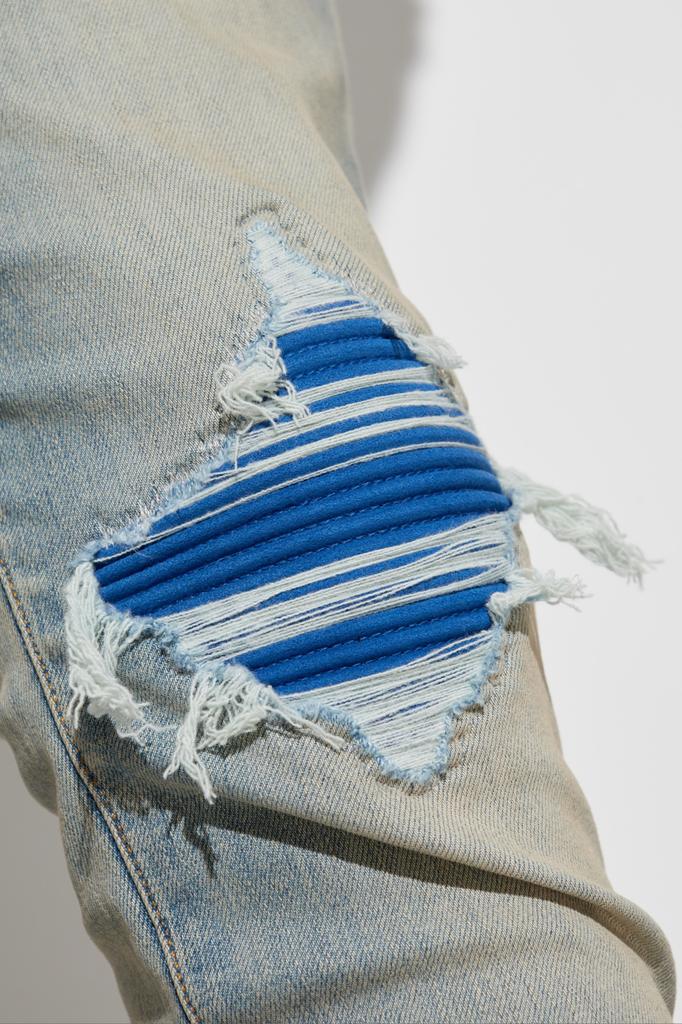 【AMIRI】BLUE ロゴ入りジーンズ Blue Leather Logo Jeans with Eight Words by Amiri – LOZURI®