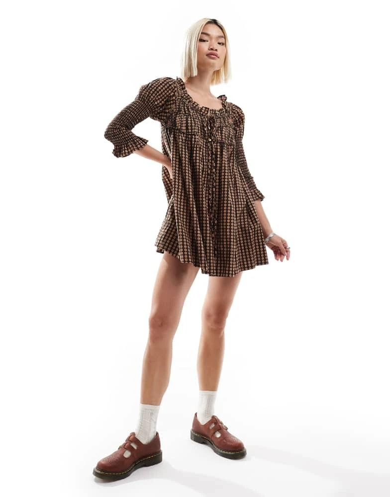 Free People Free People check print tie-detail mini smock dress in black multi 2