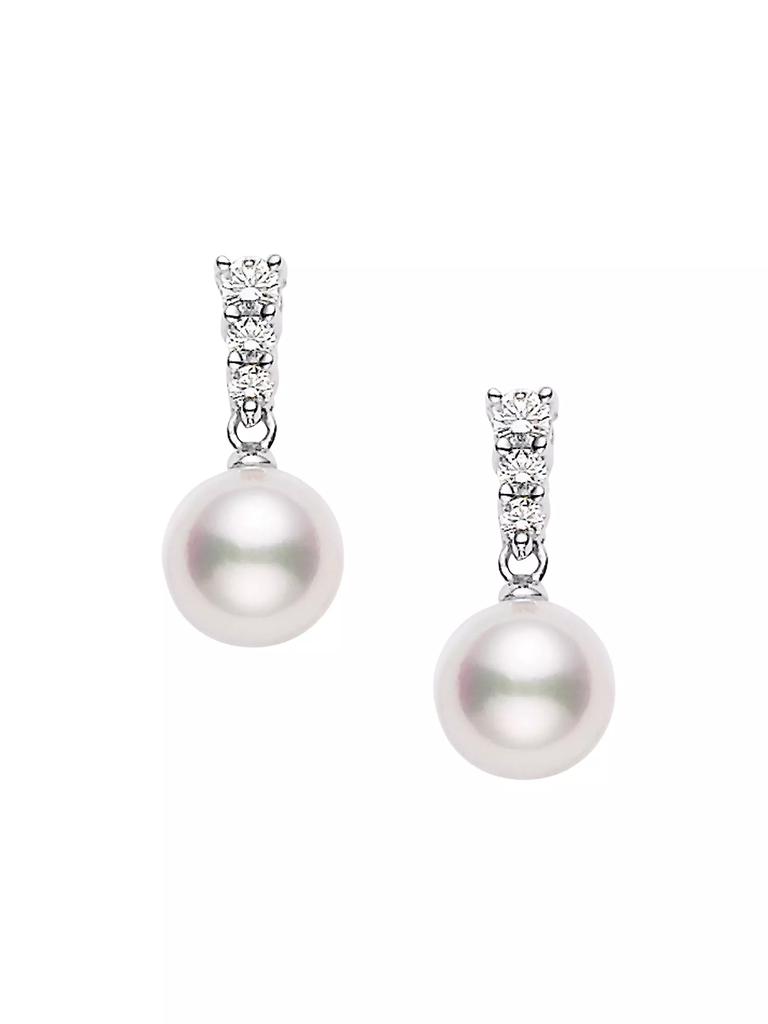 Mikimoto Morning Dew 8MM White Cultured Akoya Pearl, Diamond & 18K White Gold Drop Earrings