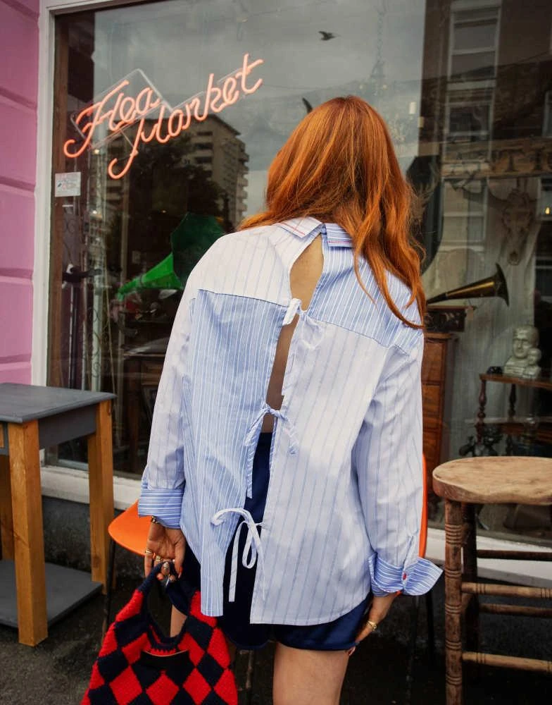 Labelrail Labelrail x Laura Elizabeth Klein tie-back detail oversized striped shirt in blue 4