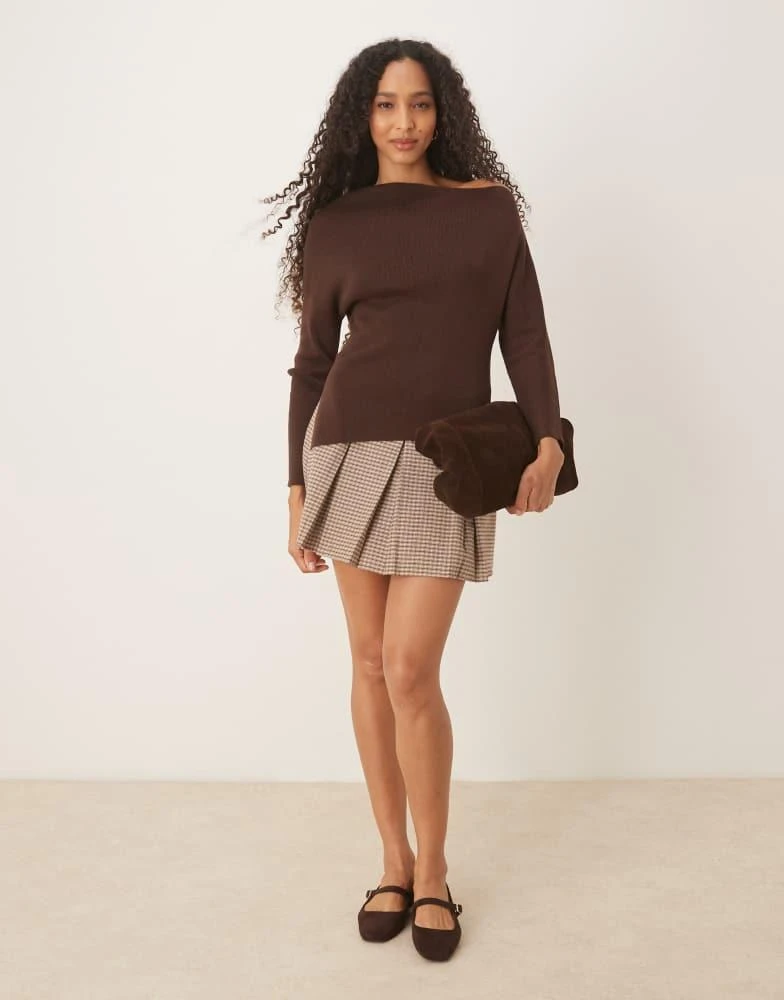 ASOS ASOS DESIGN knitted asymmetric off shoulder top in rib in chocolate 4