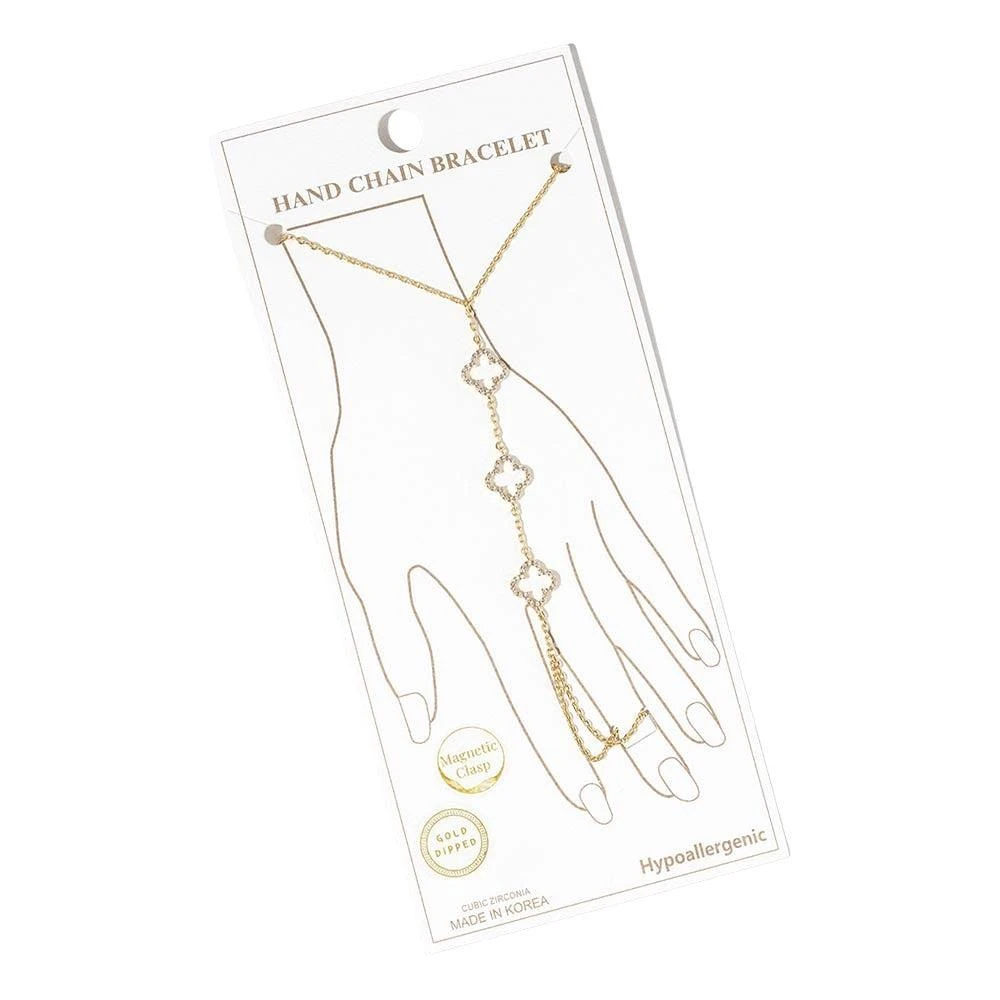 FASHNZFAB Gold Dipped CZ Pave Open Quatrefoil Link Hand Chain Magnetic Bracelet 2