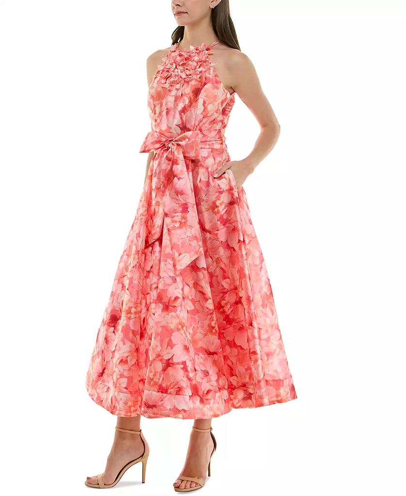Taylor Women's Floral-Trim Bow-Waist Midi Dress