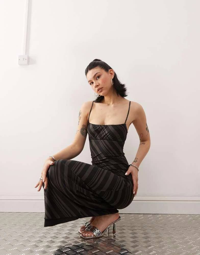 Motel Motel darsih striped mesh cami maxi dress in dark grey 1