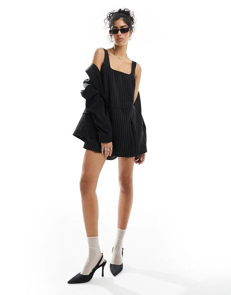ASOS ASOS DESIGN square neck pinafore playsuit in black pinstripe 1