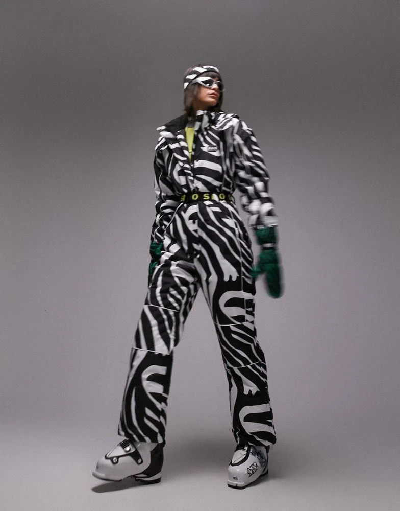 Topshop Topshop Sno ski suit with hood and belt in zebra print 1