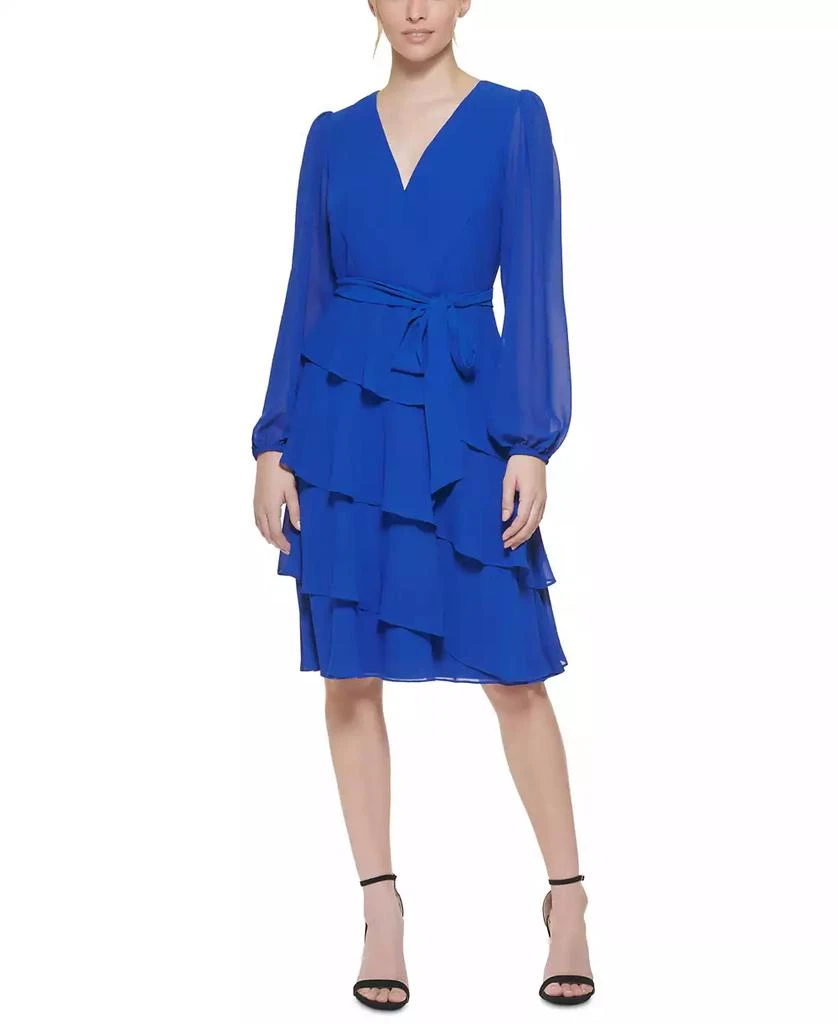 Jessica Howard Petite Blouson-Sleeve Tiered Chiffon Fit & Flare Dress 1