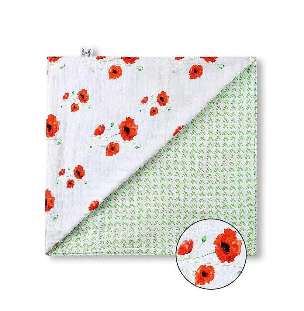 Malabar Baby Certified Organic Muslin Four-Layer Reversible All Season Snug Blanket, Poppy