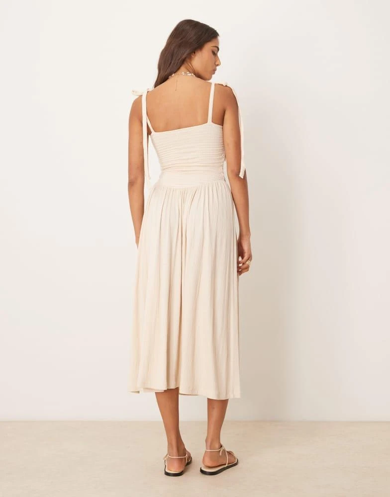ASOS ASOS DESIGN crinkle shirred bodice tie cami strap midi sundress in stone 4