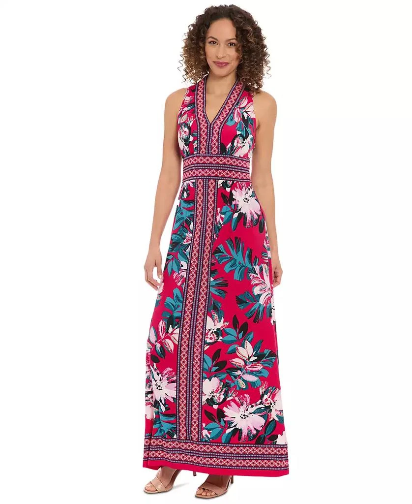 London Times Women's V-Neck Border Jersey Maxi Dress 1