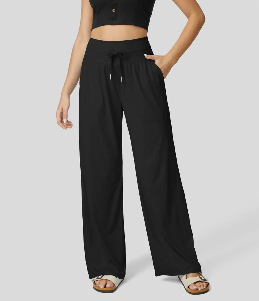 Halara High Waisted Drawstring Side Pocket Wide Leg Cool Touch Casual Pants In Black 1