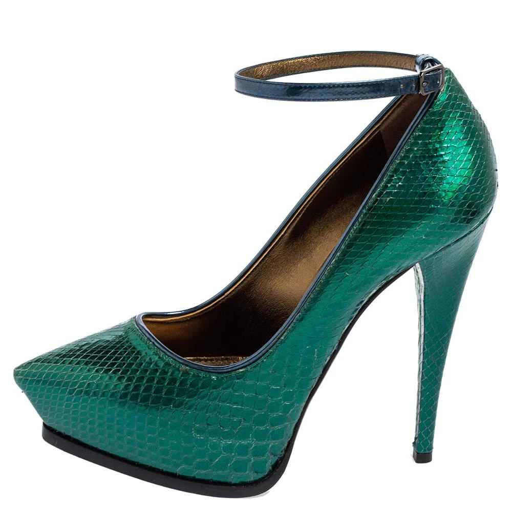 Lanvin Lanvin Green/Blue Snakeskin Leather Pointed-Toe Ankle-Strap Pumps Size 38 2