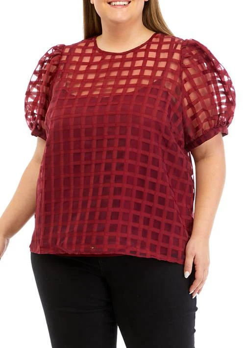 English Factory Factory Plus Size Blue Sheer Plaid Puff Sleeve Top 1