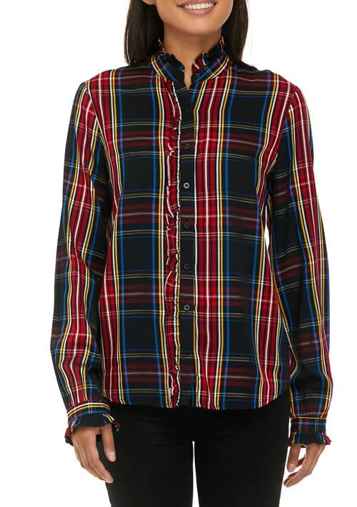 CHAPS Womens Ruffle Plaid Peasant Top 1