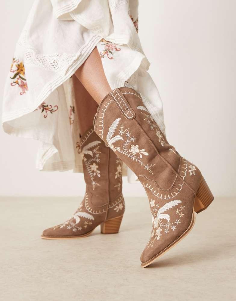 Glamorous Glamorous embroidered western knee boots in tan