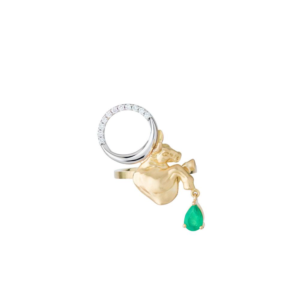 Mozafarian Emerald and diamond taurus ring
