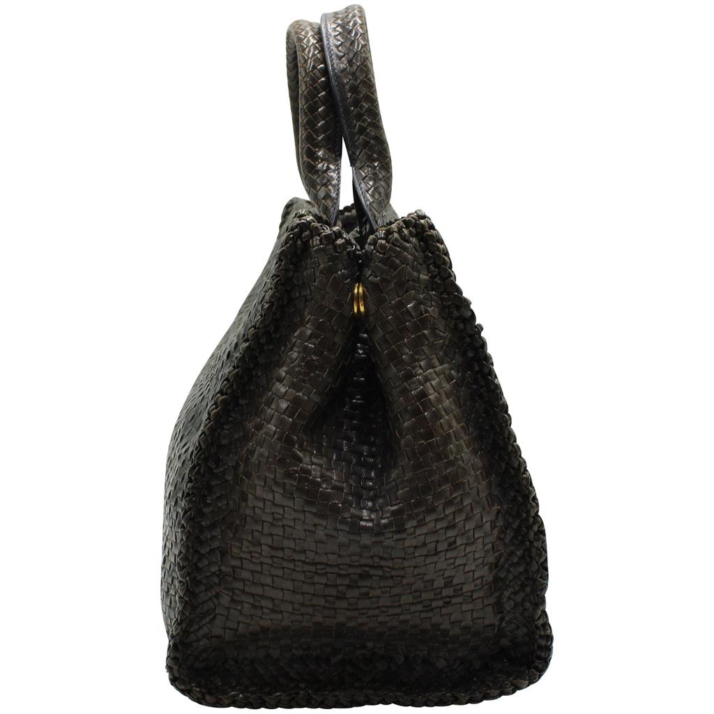 Prada Madras Woven Bag in Grey and Black Leather