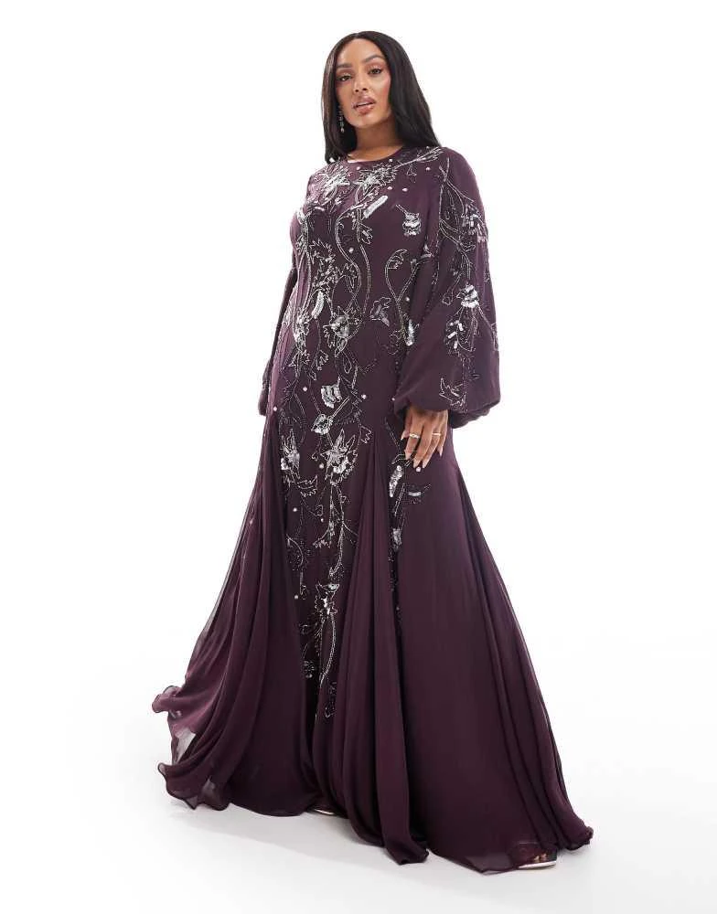 ASOS ASOS DESIGN Curve embellished maxi dress with godet skirt and balloon  sleeve in plum - Dresses & Skirts - Free Shipping - BeyondStyle