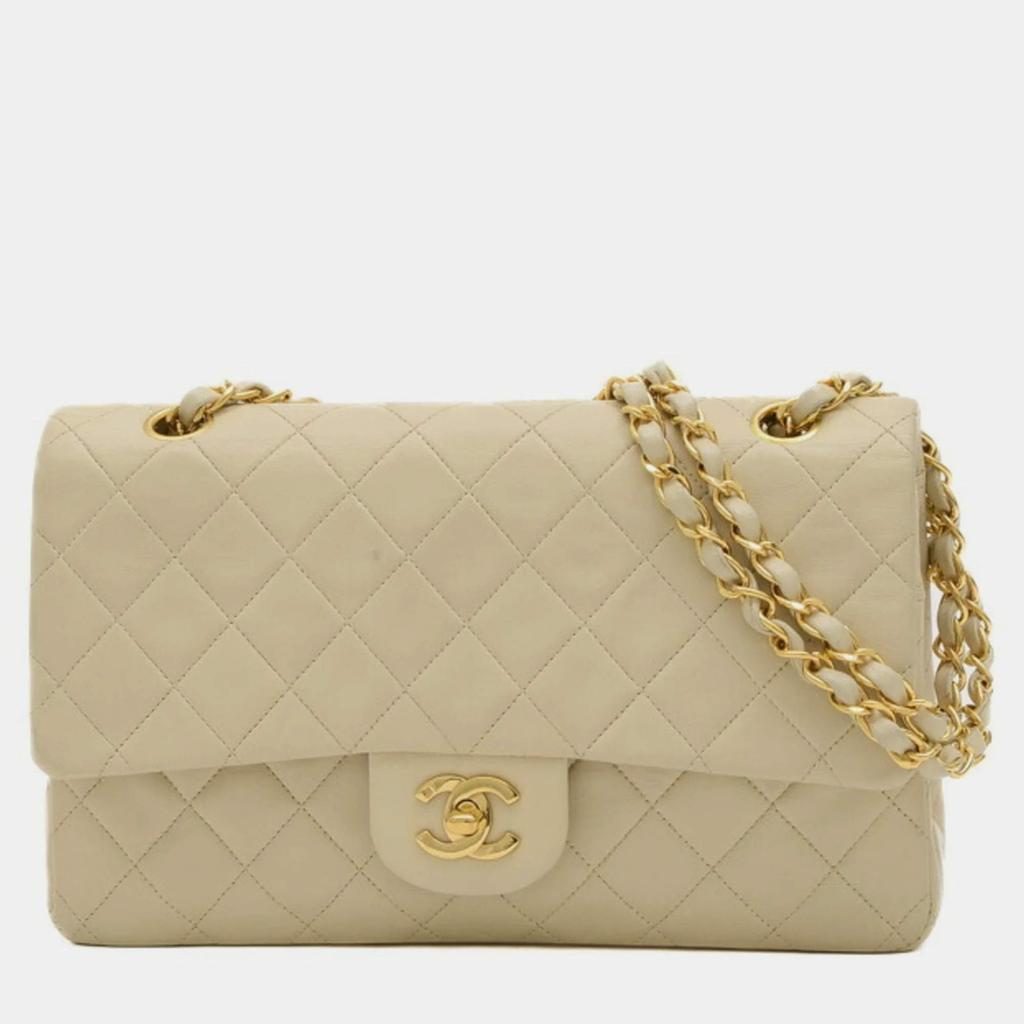 Chanel Chanel Light Beige Lambskin Leather Classic Double Flap Shoulder Bag
