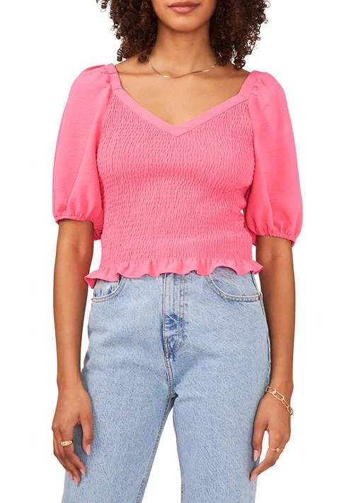 1. State Womens Puff Sleeve V Neck Smocked Top 1