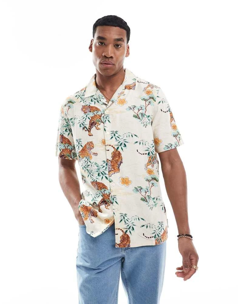 French Connection Mens French Connection short sleeve revere shirt in white tiger print 1