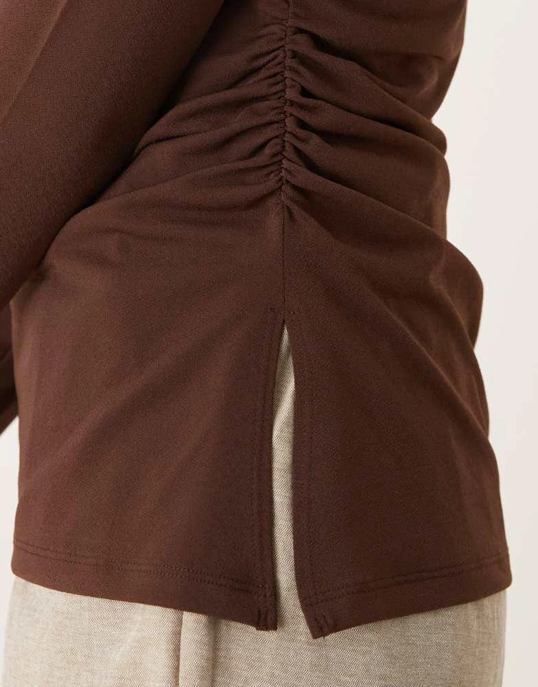 Abercrombie & Fitch Abercrombie & Fitch long sleeve top with slash neck in brown 3