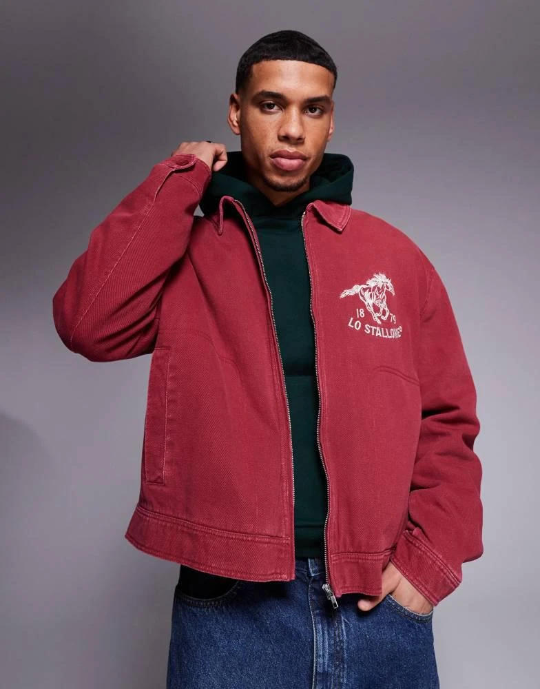 ASOS ASOS DESIGN oversized harrington jacket with chest embroidery in washed red 1