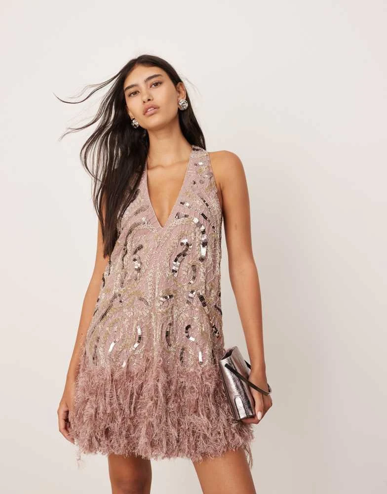 ASOS EDITION embellished plunge neck mini dress with faux feather hem in  plum  On Sale Now with Up to 10% Off | Discover Exclusive Deals & Savings  at BeyondStyle  Authentic