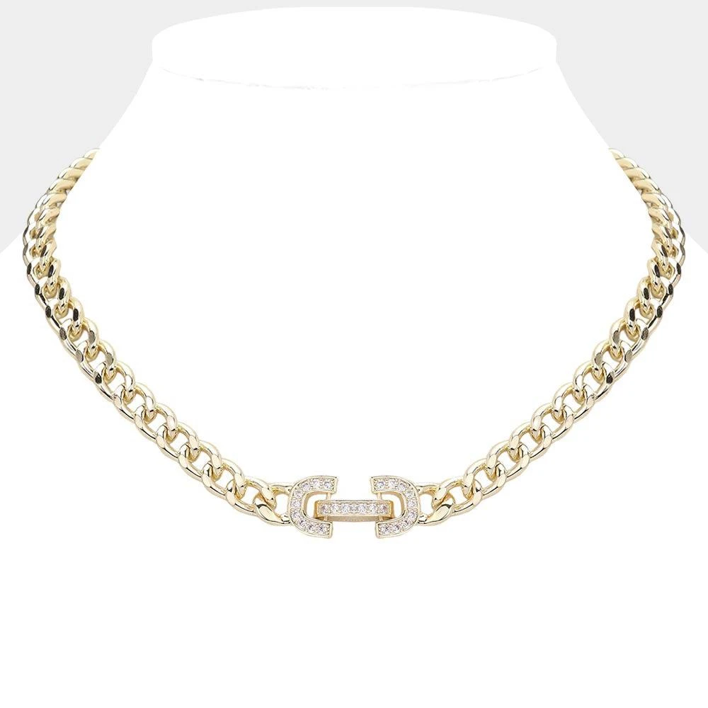 FASHNZFAB 14K Gold Plated CZ Stone Paved Lock Pointed Chain Necklace