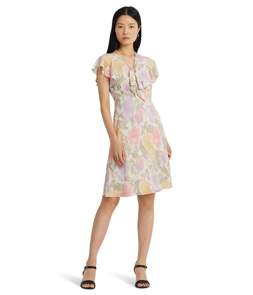 LAUREN Ralph Lauren Floral Bubble Crepe Tie-Neck Dress