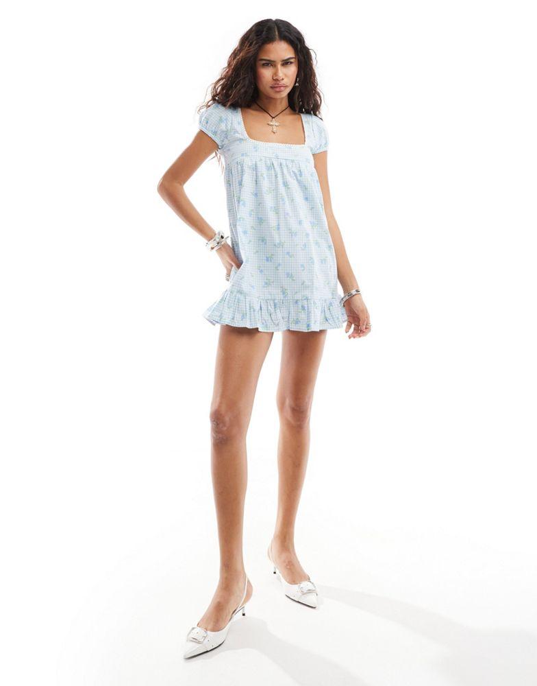 Motel Motel ditsy floral gingham babydoll mini dress in blue