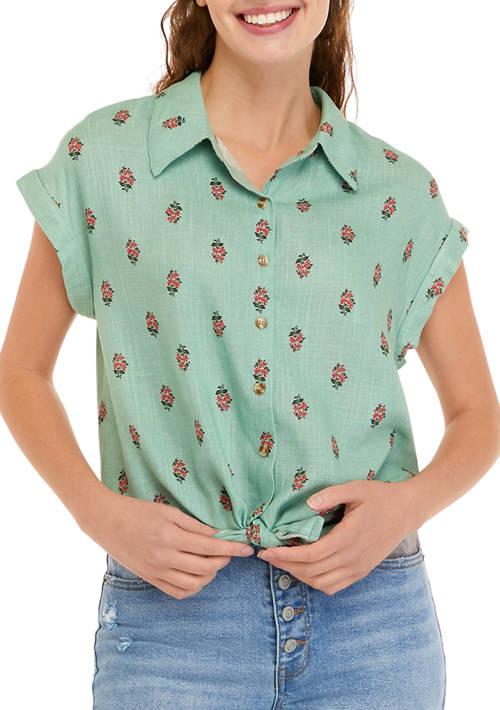 TRUE CRAFT Craft %09  Dolman Sleeve Tie Front Printed Button Up Top