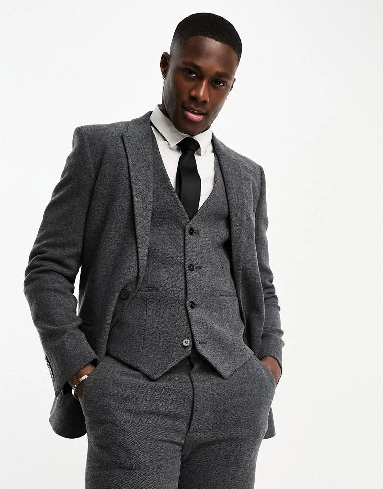 ASOS ASOS DESIGN super skinny wool mix suit jacket in herringbone in charcoal 1