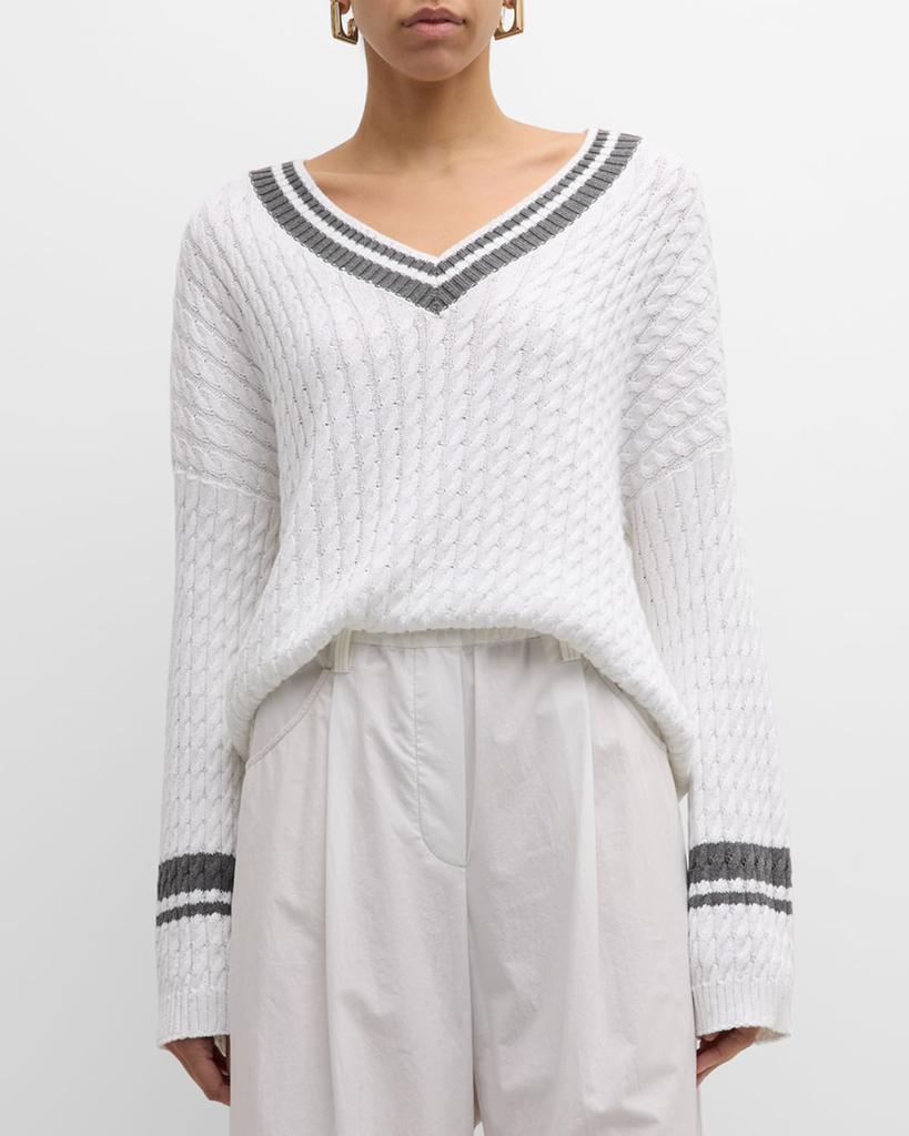 Brunello Cucinelli Tennis Stripe Diamante Cable-Knit Sweater