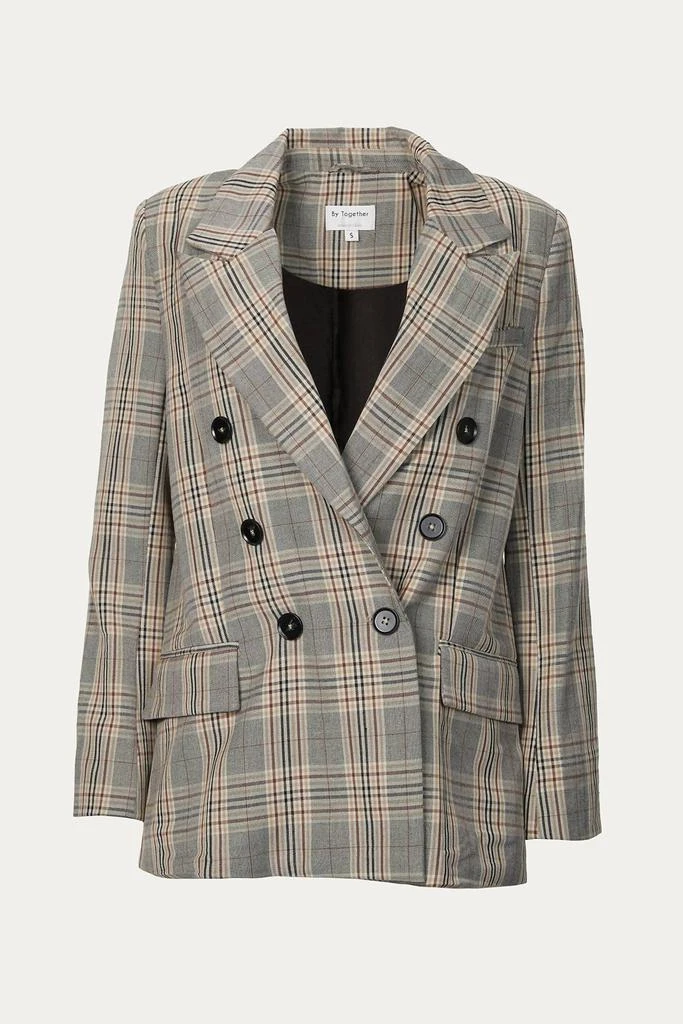 By Together Checked Double-Breasted Blazer In Brown Plaid 1