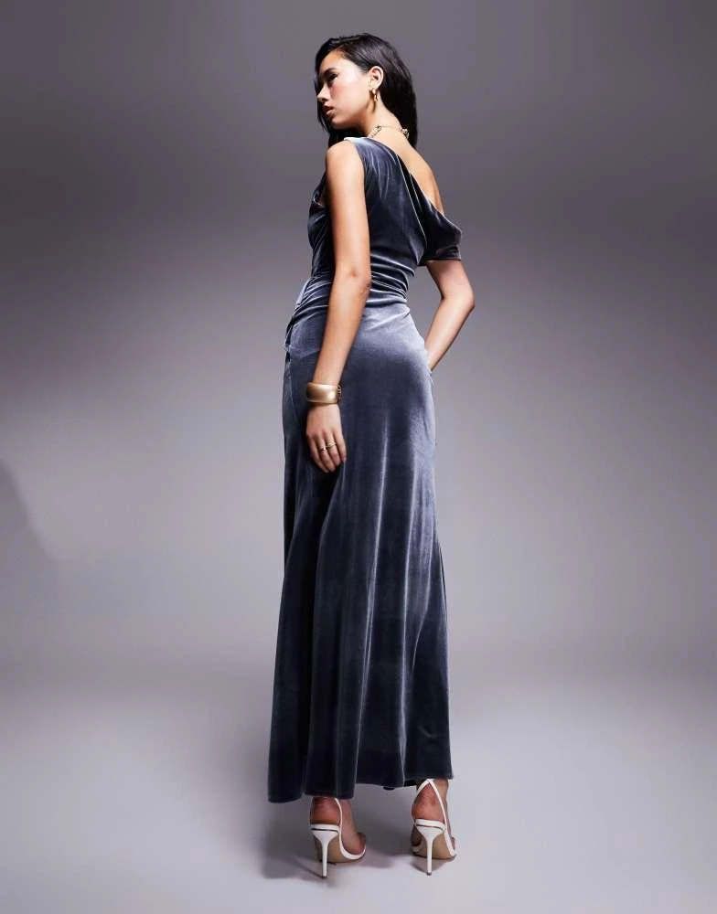 ASOS ASOS DESIGN velvet premium asymmetric drape detail maxi dress with side split in charcoal 2