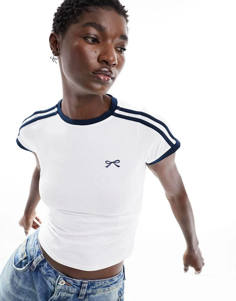 Motel Motel bow motif sports stripe baby tee in white and navy