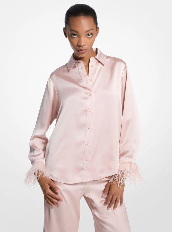 Michael Kors Feather Trim Satin Pajama Shirt