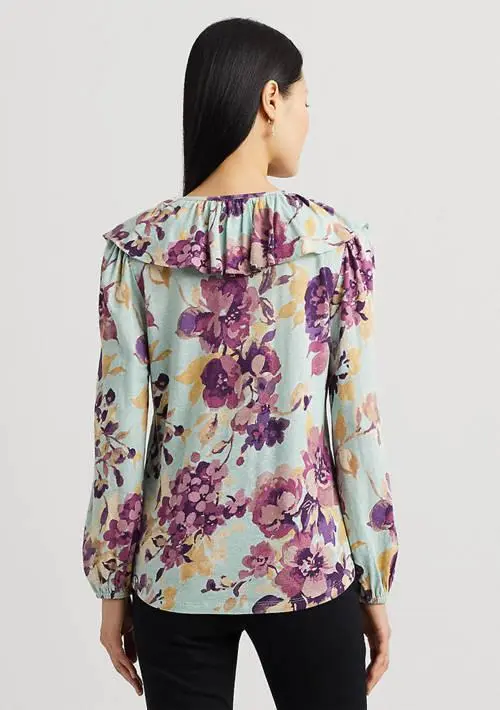 Ralph Lauren Petite Floral Ruffle Trim Jersey Tie Neck Top 2